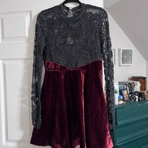 Free People Black Lace and Burgundy Velvet Dress